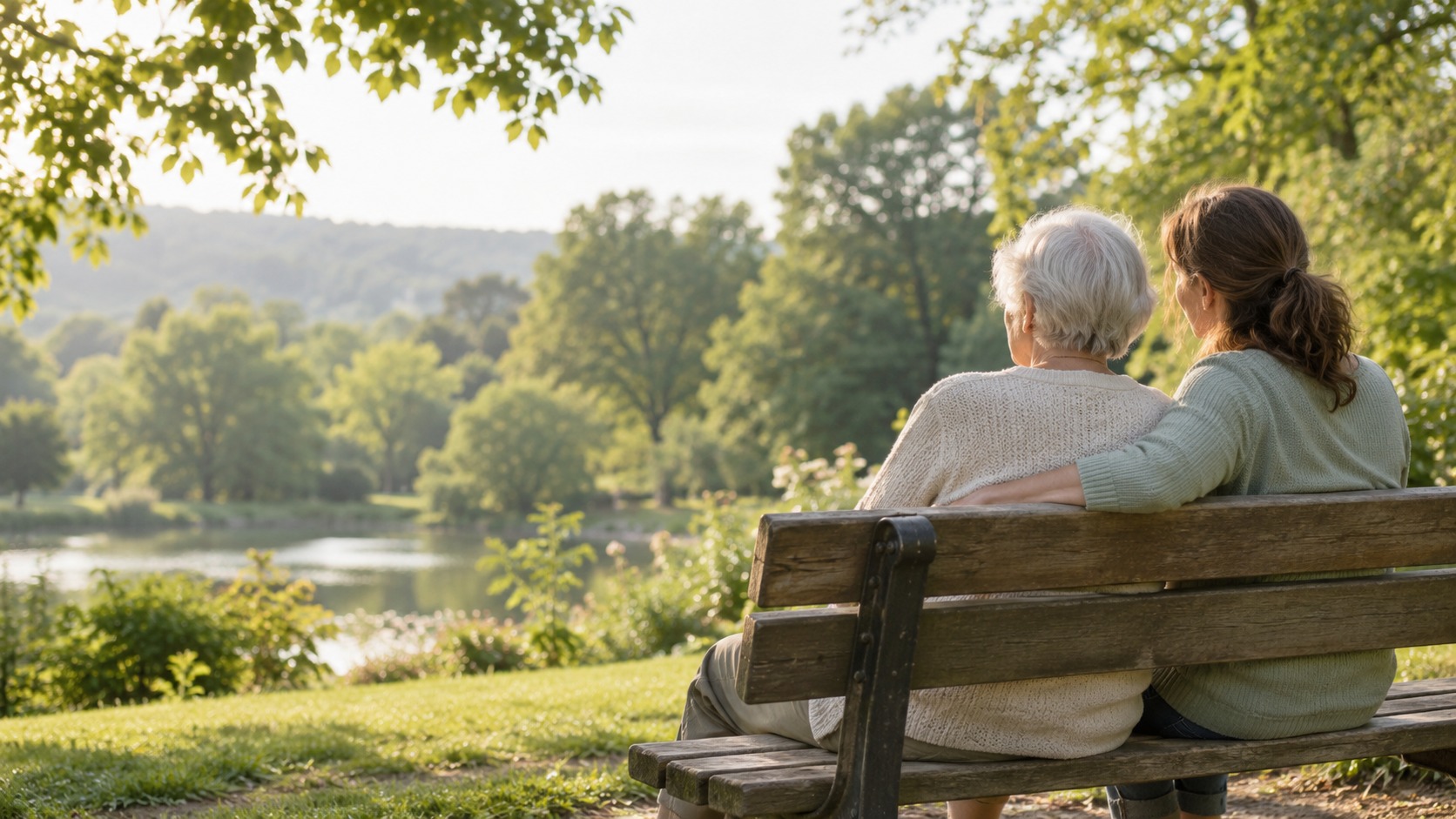 An older mother and her adult daughter sitting together on a park bench